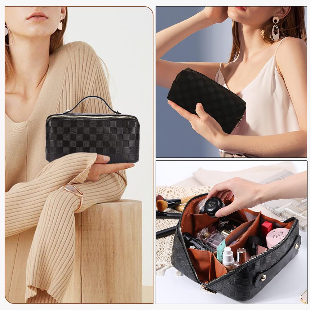 jiffordwind Bolsas de maquillaje de viaje a cuadros organizadoras de cosméticos: 2 juegos de bolsa de maquillaje impermeable de gran capacidad, bolsa de aseo de piel sintética para mujer, bolsa