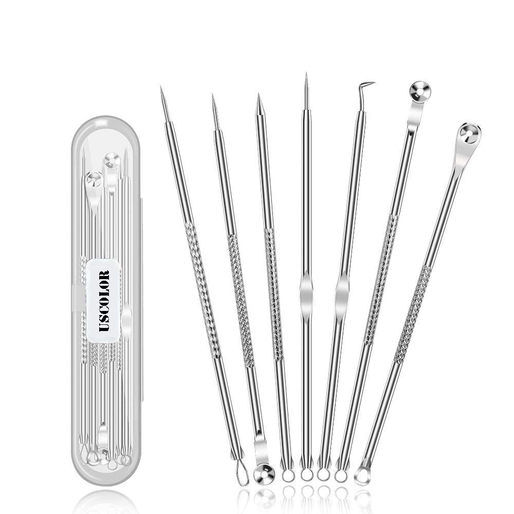 Kit de Eliminación de Acné | USCOLOR | Extractor de Espinillas | Herramienta Profesional de Limpieza de Acero Inoxidable | Para Cara, Nariz, Mentón, Frente y Mejilla | 7 Piezas