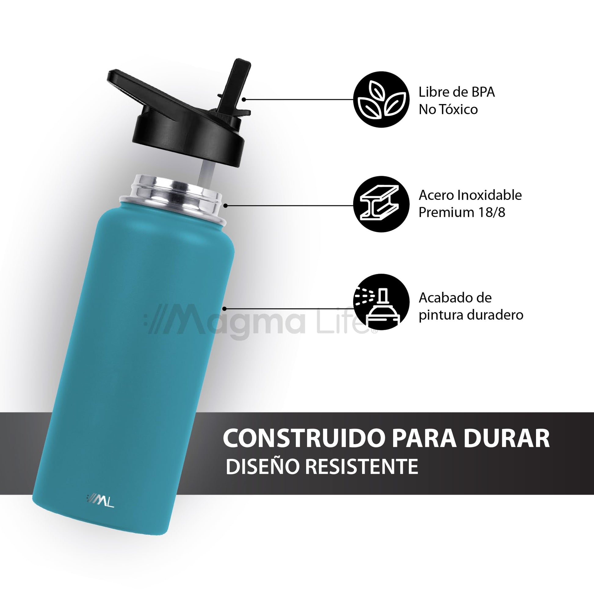 Magma Life Termo para Café y Agua de Acero Inoxidable 32 Oz (950 ml): Contiene 3 Tapas para Diferentes tipos de Bebidas, Ideal para Mantener la Temperatura Deseada (Capri Blue)