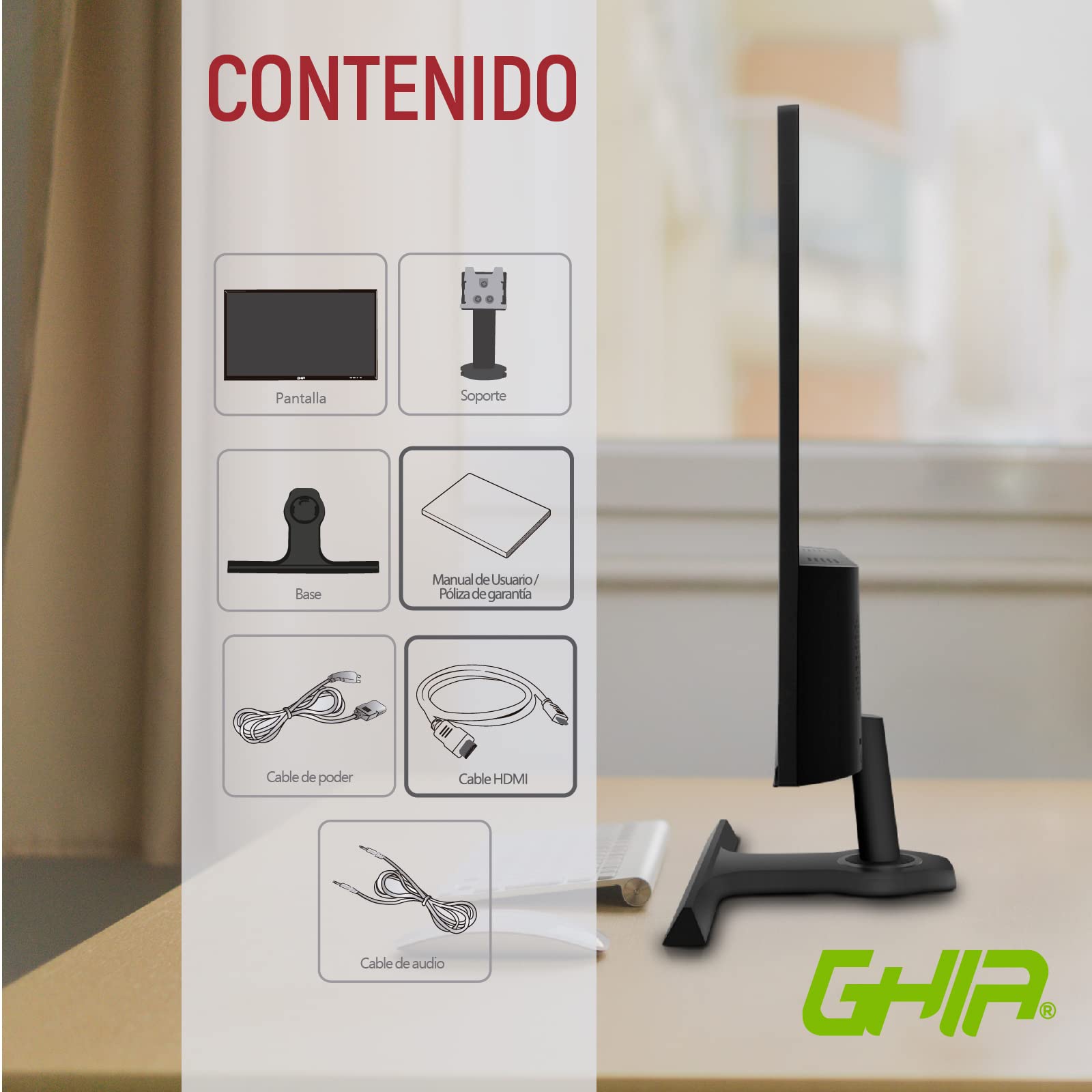 GHIA Monitor LED MG2721. Panel VA de 27" Pulgadas (68.58cm), Bisel ultradelgado,Full HD 1920 x 1080, 75 Hz, 5 ms, Conexiones HDMI y VGA, Bocinas integradas.