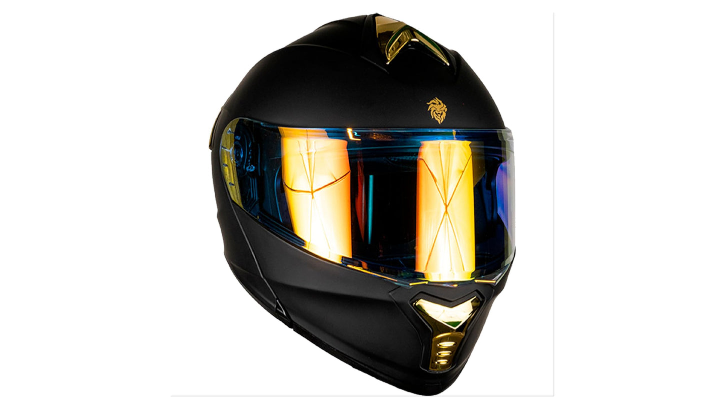 KOV Casco Thunder ABATIBLE Negro Dorado para Moto Mica Dorada Certificado Dot (M)