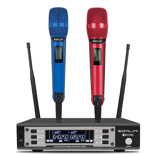 Sistema de Micrófono Inalámbrico SOMLIMI Rojo Azul Profesional de 2 Canales para Cantar y Actuaciones