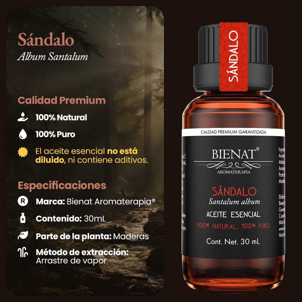 BIENAT AROMATERAPIA Aceite Esencial de Sándalo 30mL | 100% Puro y Concentrado | Ideal para Difusor de Aromas, Humidificador, Aromaterapia, Masajes, Meditación, Jabones y Velas | Esencia Natural en Gotas