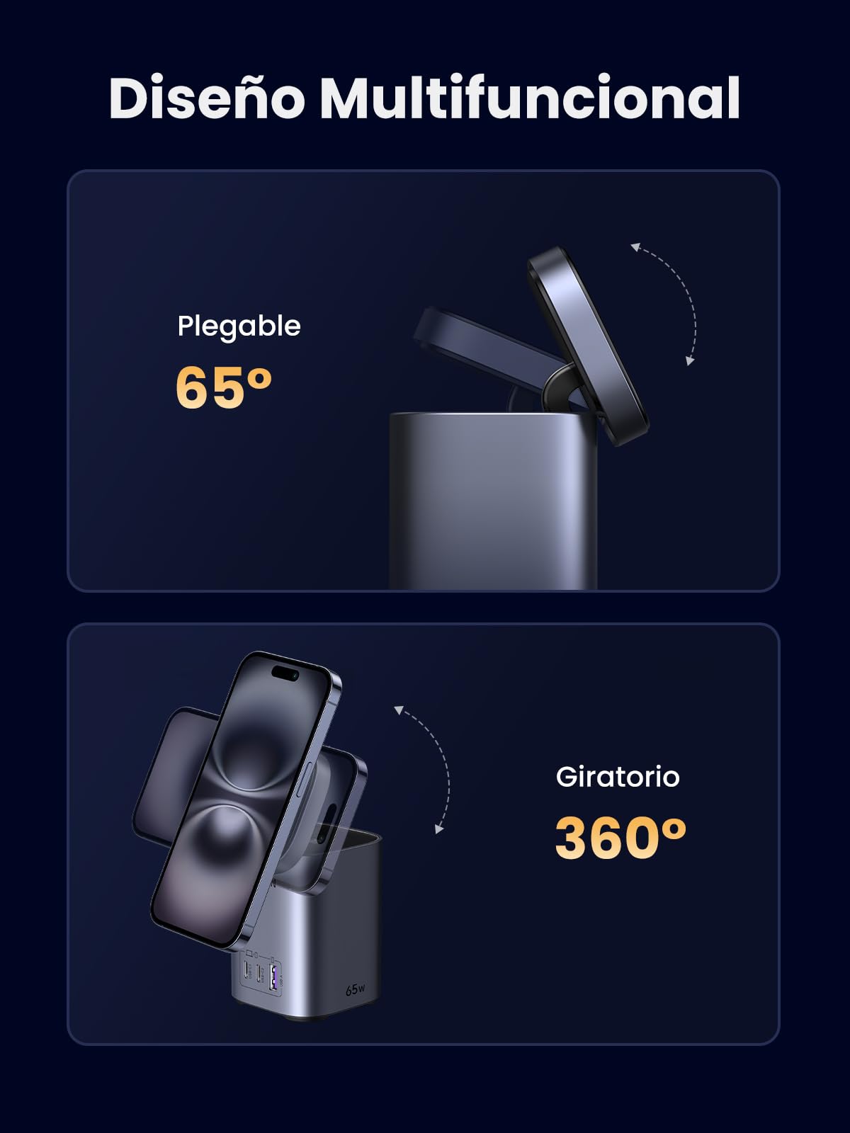 UGREEN 15W Qi2 Certified Cargador Inalámbrico, 65W Cargador USB C GAN,4 En 1 Estación de Carga Magnética Compatible con MacBook Pro/Air M4,iPhone 16/15/14 Pro MAX,iPad,DELL XPS,Galaxy S25, Steam Deck