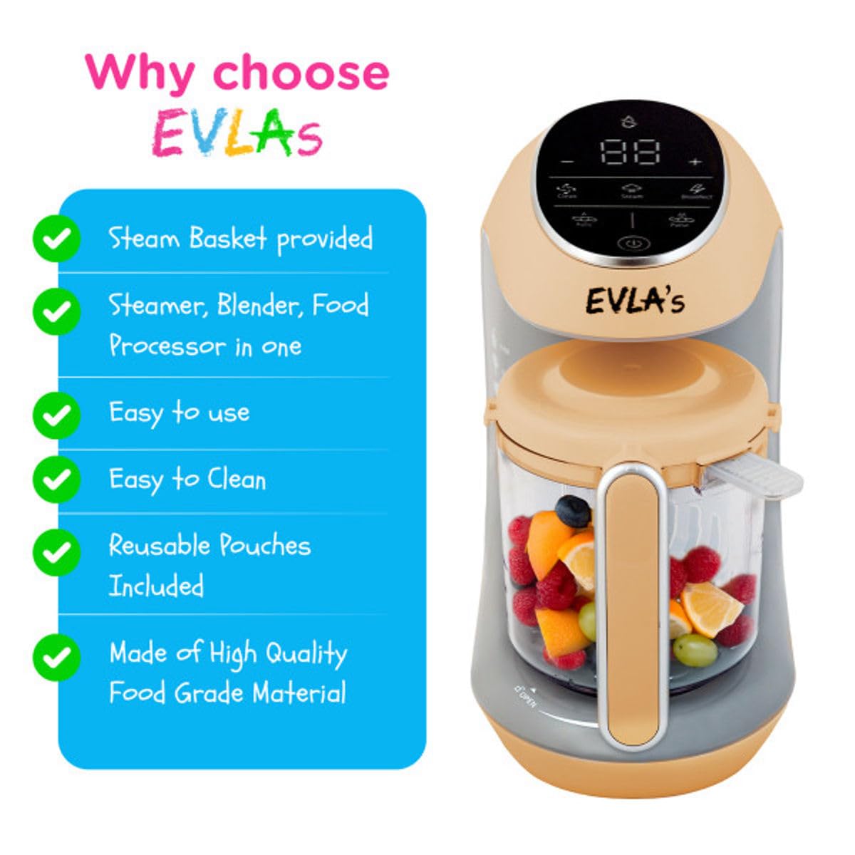 EVLA'S - Fabricante de alimentos para bebés, comida casera saludable para bebés en minutos, vaporizador, licuadora, procesador de alimentos para bebés, control de visualización táctil, incluye 6