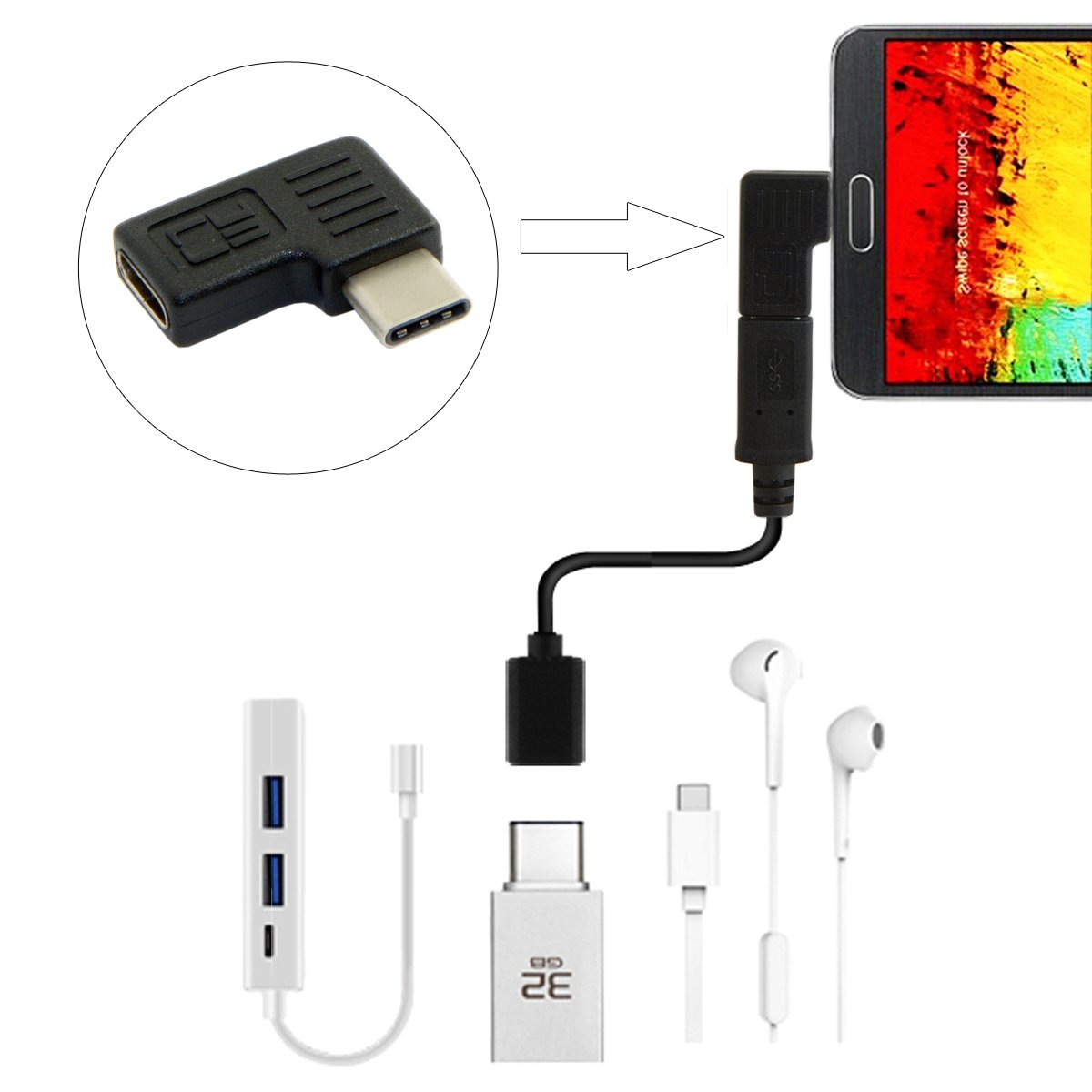 Adaptador de Extensión USB Tipo C JSER Angulado para Portátiles y Teléfonos
