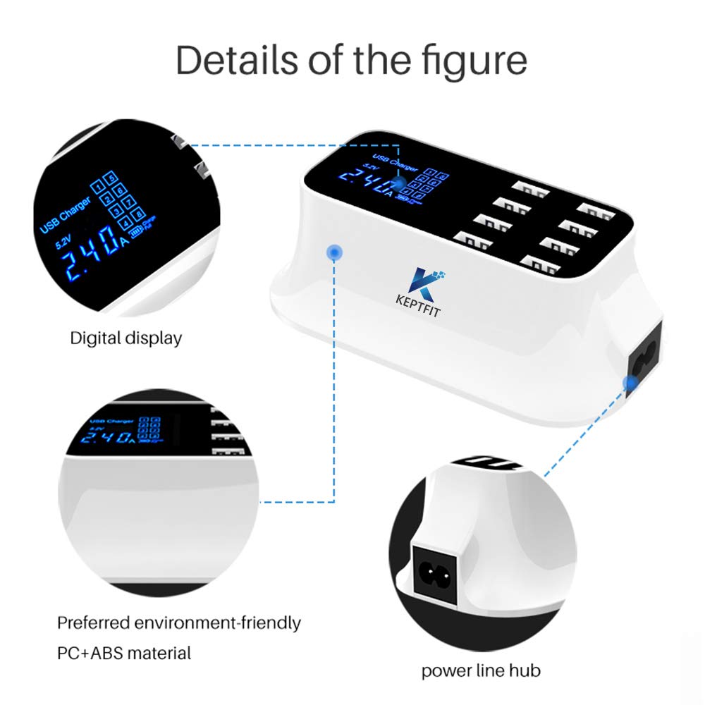 Keptfit, Cargador USB Múltiple, con 8 Puertos, Blanco
