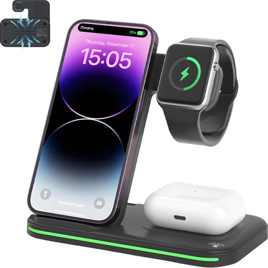 DKJBF Estación de Carga 3 en 1 Inalámbrica con Cable USB e Indicador LED - Compatible con iPhone, Samsung, Apple Watch Series 8/7/6/5/4/3/2/SE y AirPods 2/3/Pro