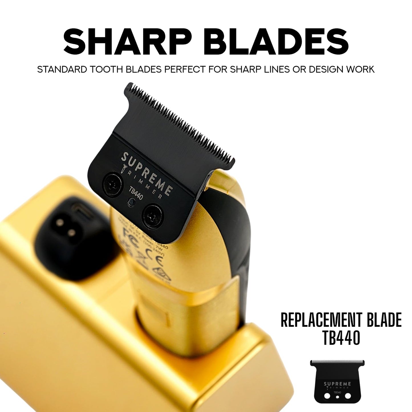 Supreme Trimmer Recarga Zero Gappable Trimmer para Barberos | 7500+ RPM, batería extraíble, soporte de carga USB inteligente + carga iPhone/Android | Gold ST777