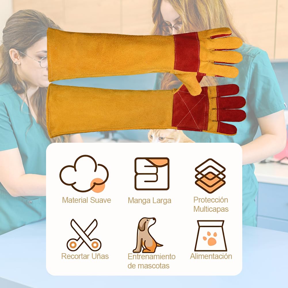 Guantes Largos Anti-mordeduras Arañazos de Animal 60cm, Guantes Protector de Agarre Manipulación de Animal, Guantes de Manejo Cuero Duraderos para Perro Gato Pájaro Serpiente Lagarto Reptile
