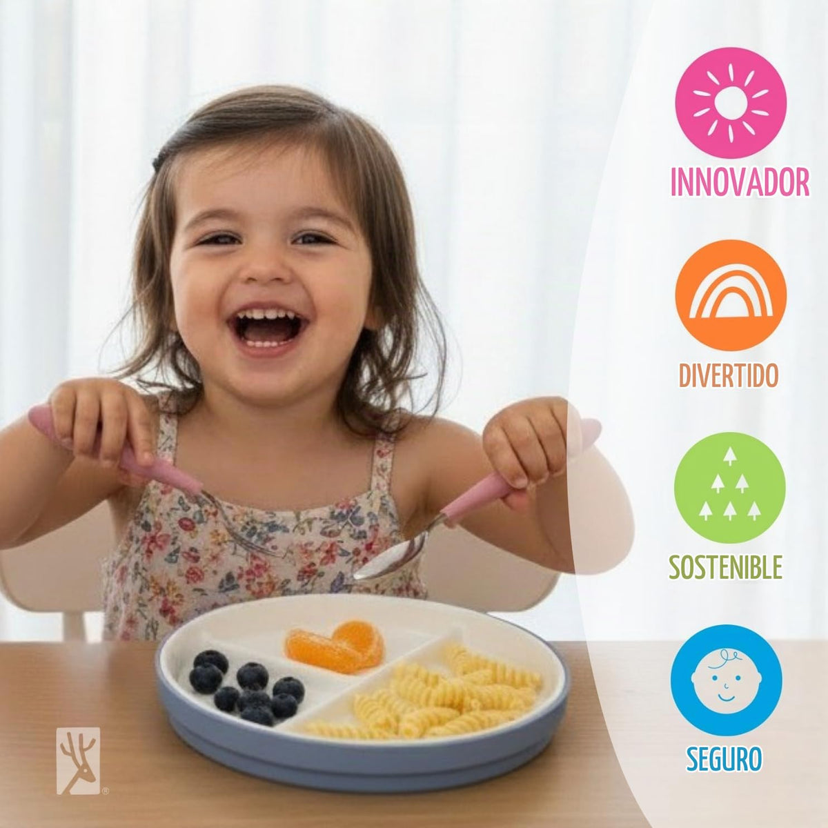 Elk and Friends - Platos blancos de porcelana para niños de 7.8 pulgadas con mangas de silicona, platos divididos, adecuados para niños/niños pequeños, aptos para microondas y lavaplatos,