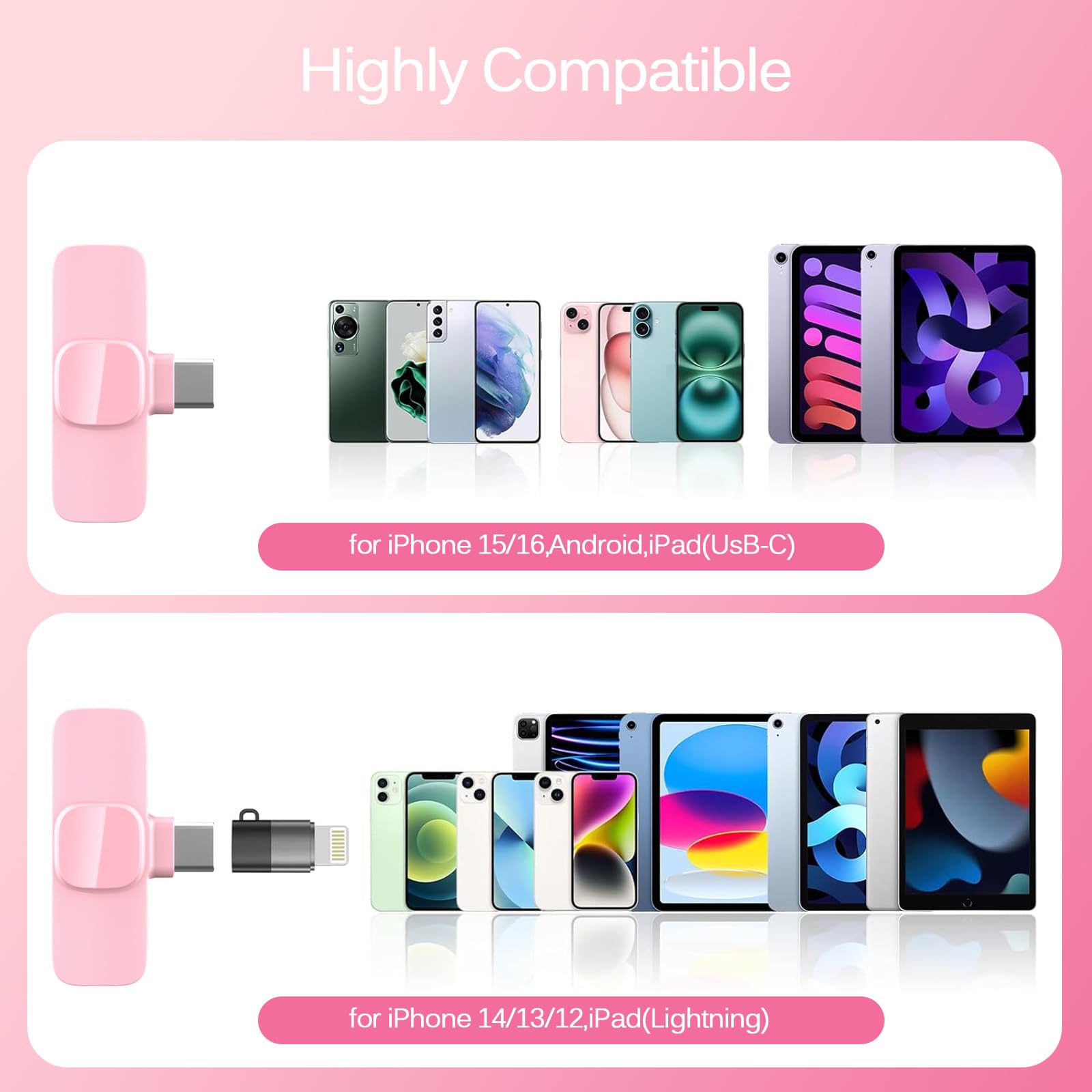 HONGJIEYUAN Micrófono Lavalier inalámbrico rosa para iPhone y Android – Mini micrófono con clip con cancelación de ruido, rango de 65 pies, batería 8H, USB-C/Lightning – para TikTok, YouTube, Podcast