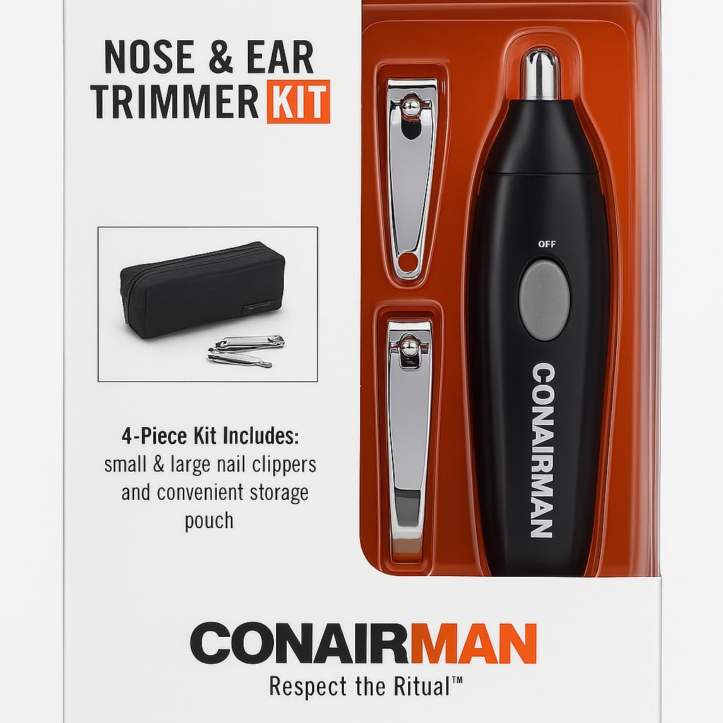 ConairMan - Kit de recortadora de nariz y oído, 4 piezas con cortaúñas y bolsa de almacenamiento