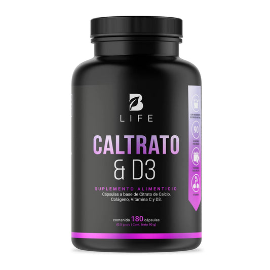 Citrato de Calcio de 180 Cápsulas 1000 mg por porción, Adicionado con D3, Colágeno Hidrolizado y Vitamina C. Caltrato & D3 B Life.