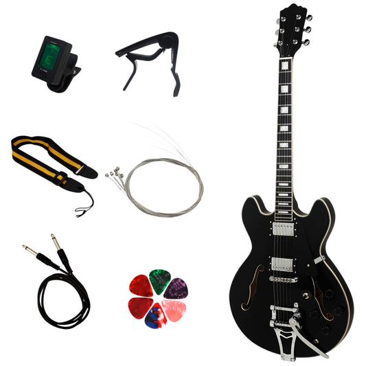 Guitarra Eléctrica de Jazz con Vibrato – Semihollow Semi Hueca Tipo Casino, Versátil para Rock, Rock and Roll y Rockabilly, Color Negro, Incluye Afinador, Capo, Correa, Cuerdas y Púas