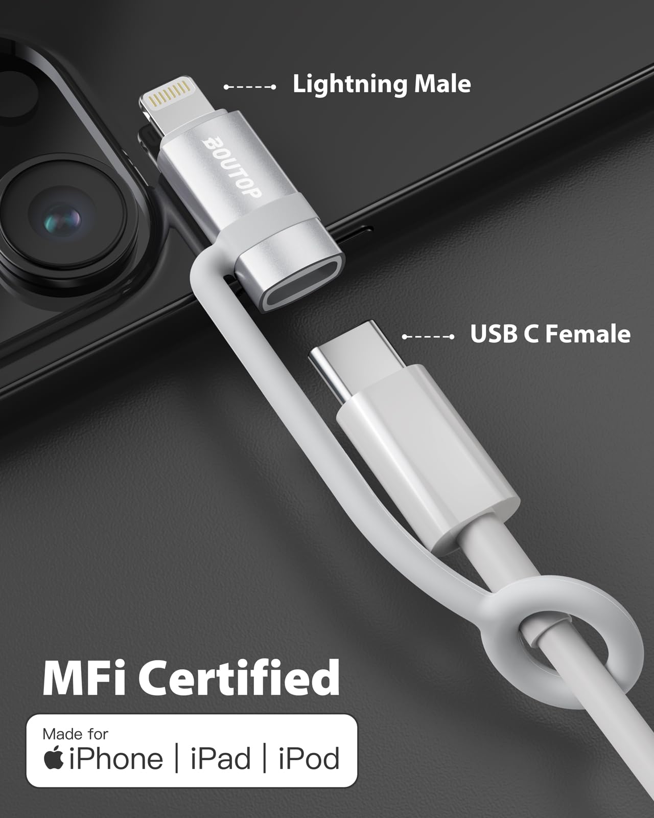 BOUTOP [Certificado MFi] Adaptador USB C a Lightning, tipo C a adaptador Lightning compatible con 36 W PD de carga rápida compatible con iPhone iPad plateado, paquete de 3