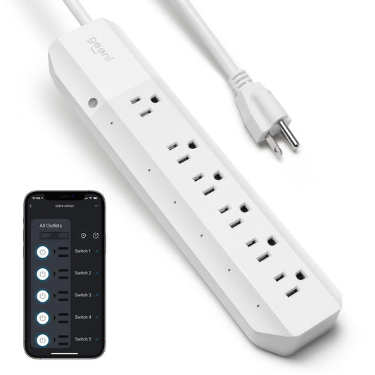 Geeni Protector de sobretensión inteligente de 6 enchufes, no requiere central, control inalámbrico y temporizador, funciona con Amazon Alexa, Google Assistant y Microsoft Cortana, requiere Wi-Fi 2.4 GHz, color blanco