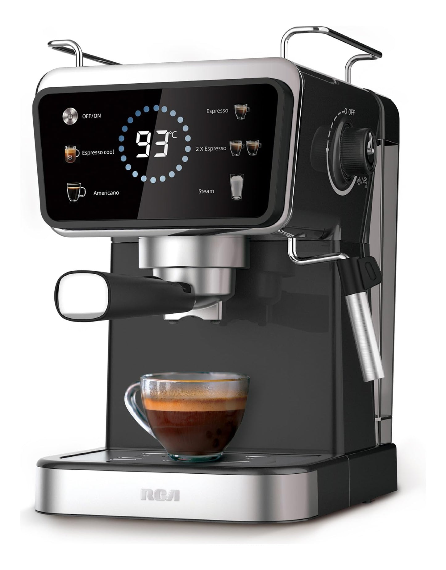 Cafetera RCA Acero Inoxidable 2 en 1 con Pantalla Inteligente y Espumador