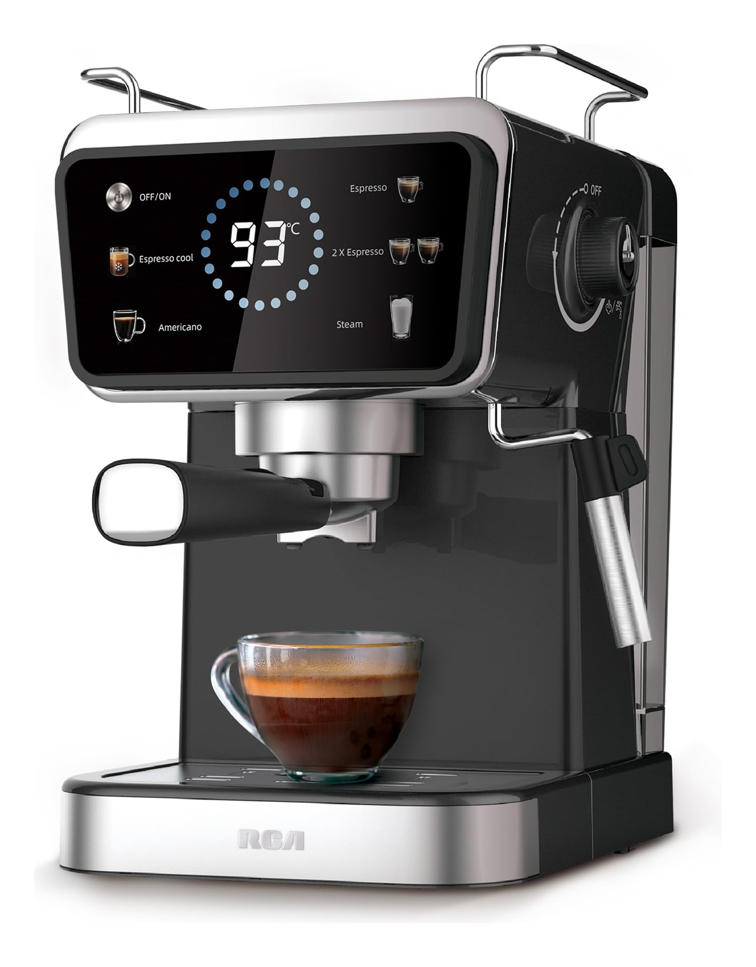 Cafetera RCA Acero Inoxidable 2 en 1 con Pantalla Inteligente y Espumador