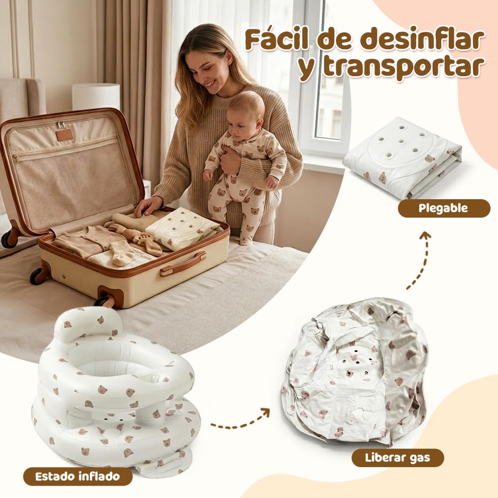 Asiento Inflable Circundante para Bebés, Respaldo Inflable Sofá, Silla Inflable Plegable, Bomba De Aire Incorporada y Bandeja, Adecuado Para Que Los Niños Coman Y Se Bañen (Oso Pardo)