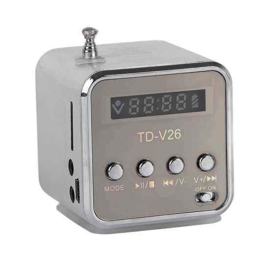Altavoz Mini, Radio FM, Portátil, Se Puede Poner en su Bolsillo, Admite Tarjeta TF/SD/Disco U, estéreo, Resistente al Desgaste, Duración de 2 a 5 Horas, con Pantalla Pequeña, 5 Colores(Plata)