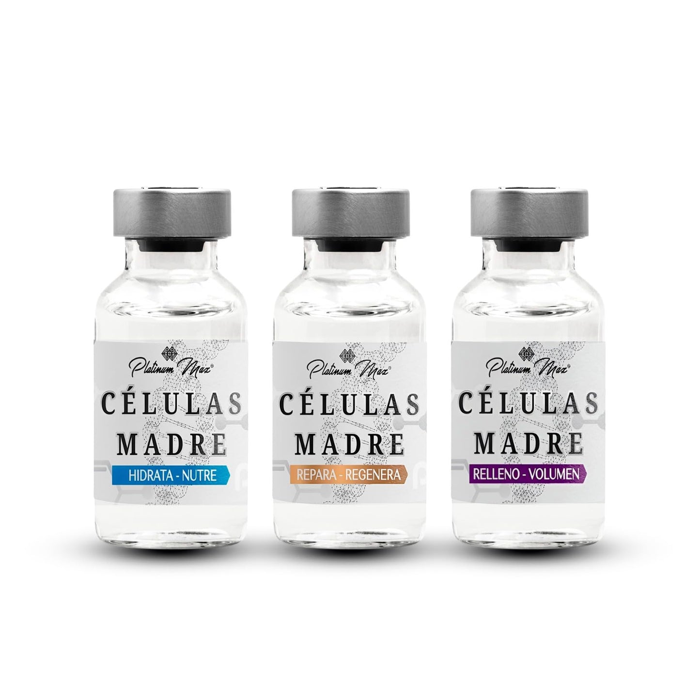 Células Madre | PLATINUMMAX (Regenera, Repara, Uniforma, Tonifica, Hidratación Profunda) 3 Viales de 10 Ml c/u