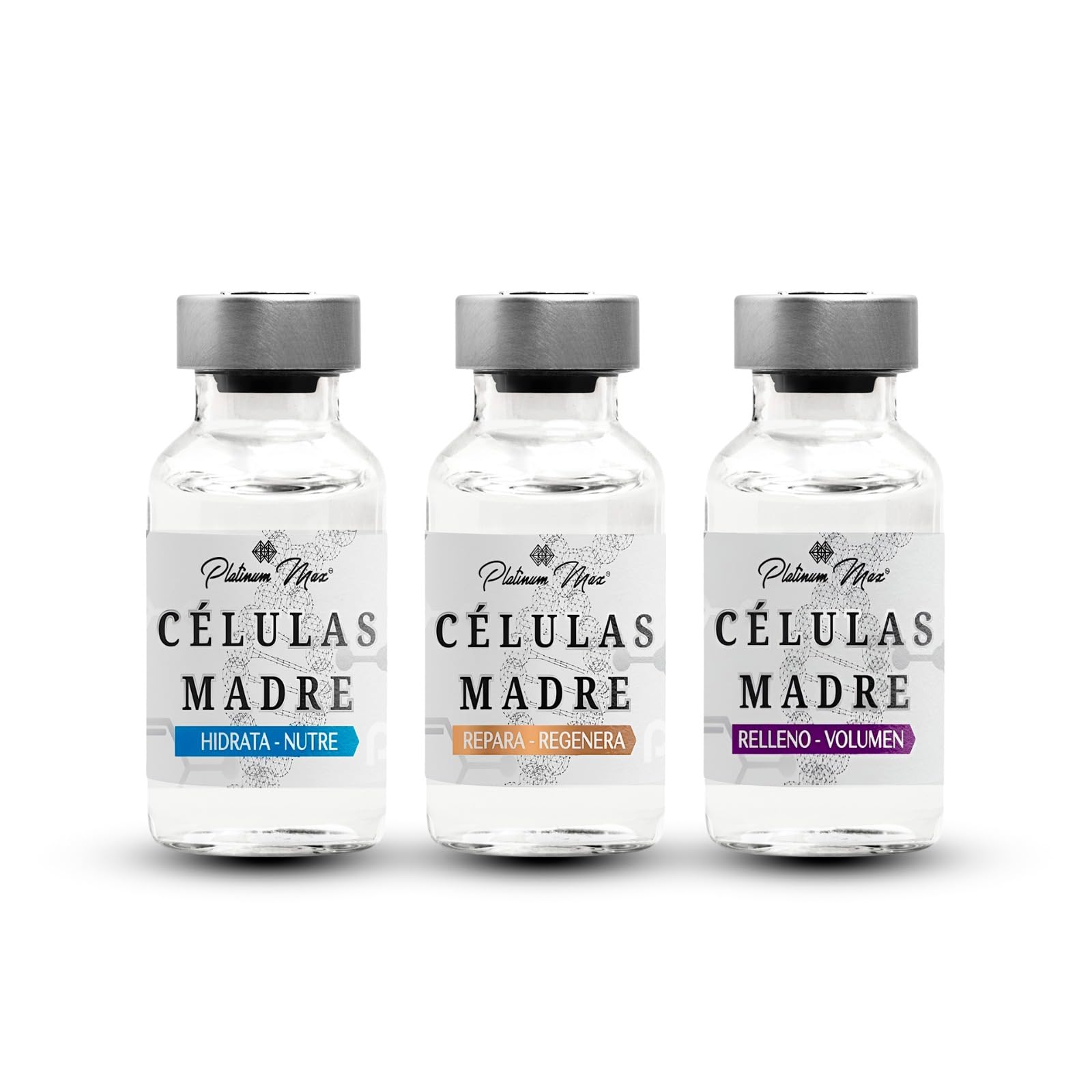 Células Madre | PLATINUMMAX (Regenera, Repara, Uniforma, Tonifica, Hidratación Profunda) 3 Viales de 10 Ml c/u