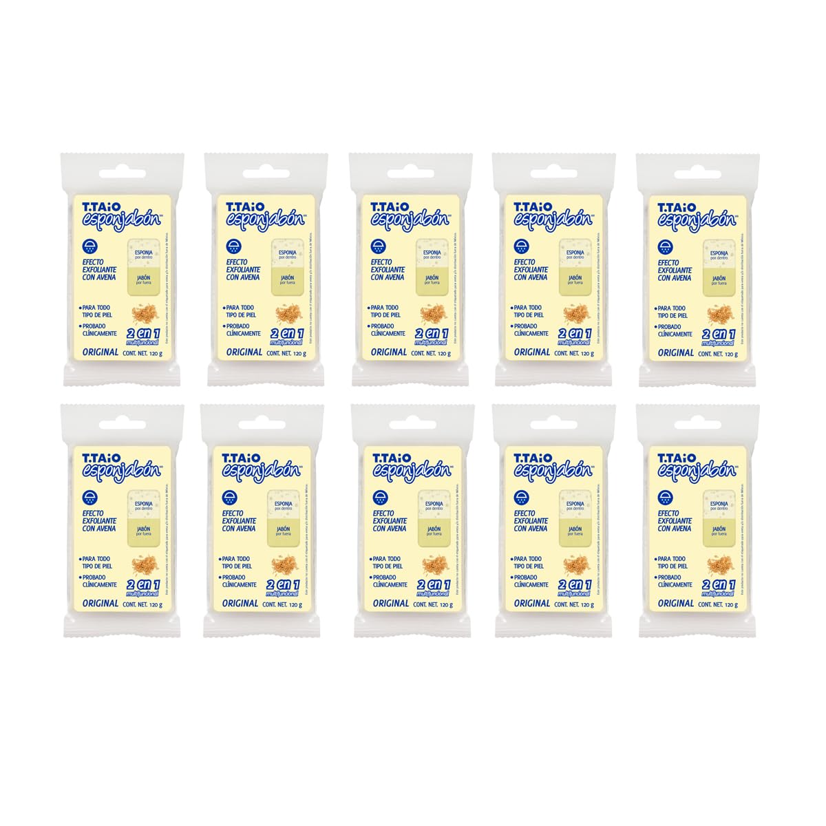 Jabón Corporal con Esponja Integrada 2 en 1, Exfoliación Suave, Aroma Avena, Pack 10 Piezas, ESPONJABON T.TAIO