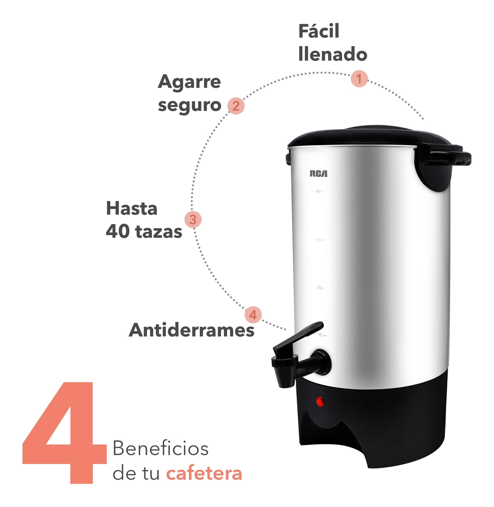 Cafetera RCA Acero Inoxidable 40 Tazas con Tapa con Bloqueo y Sistema Antigoteo para Hogar u Oficina