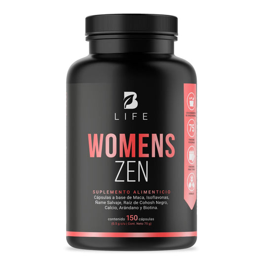 B Life Company Womens Zen de 150 Cápsulas. Ingredientes Naturales: Maca, Isoflavonas, Ñame Salvaje, Arándano, Raíz de Cohosh Negro, Calcio y Biotina. Womens Zen