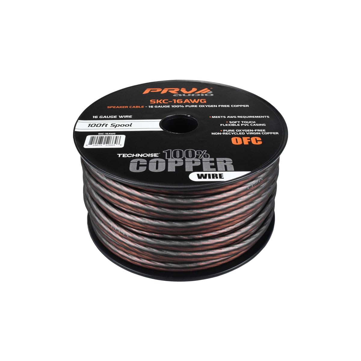 PRV AUDIO Cable para bocina calibre 16 (AWG) de cobre libre de oxígeno OFC de alta calidad - rollo de 30.50 m (negro/gris) cable ultra flexible para aplicaciones de audio para automóvil y hogar