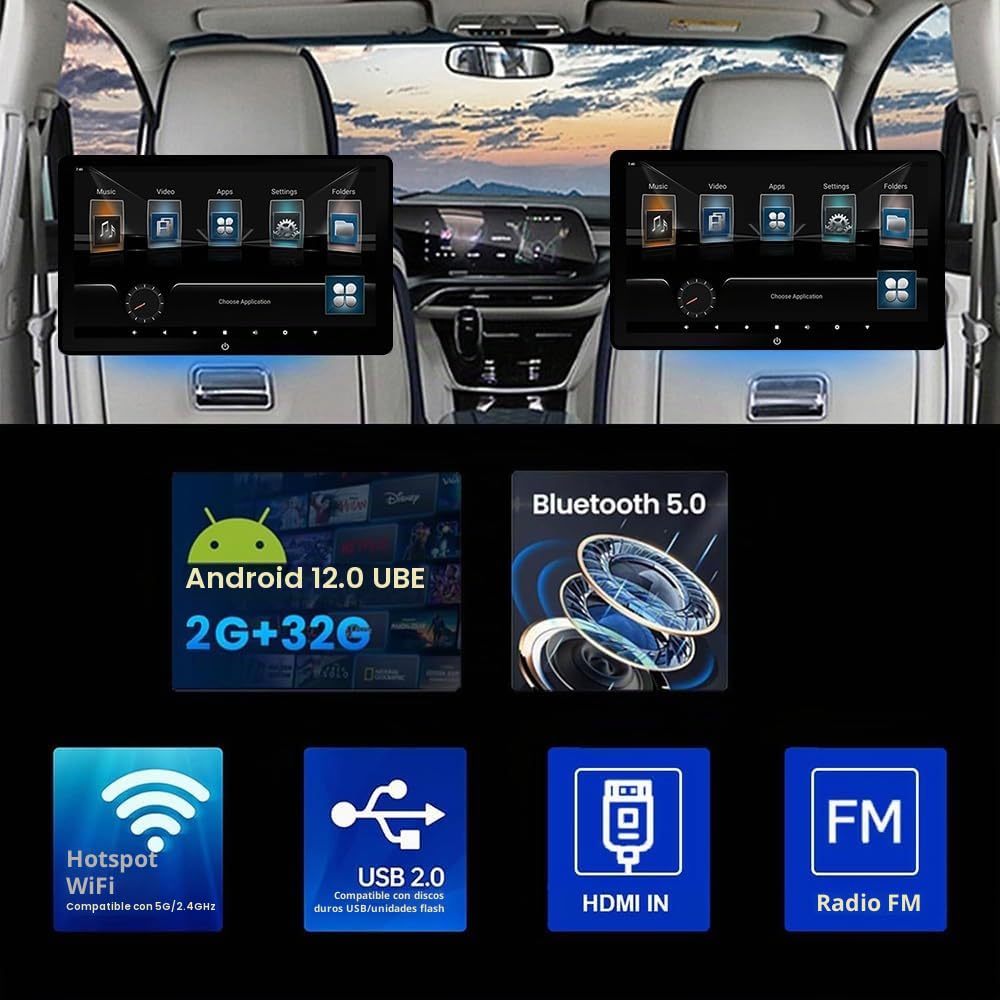 Monitor de TV Android 12 de 10.1 Pulgadas para Asiento Trasero Tablet Wifi Bluetooth USB AV