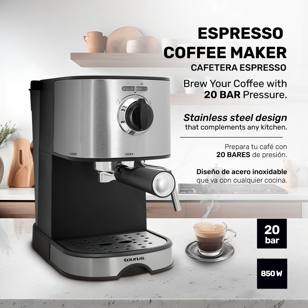 Cafetera TAURUS EUFORIA Acero Inoxidable 20 Bares con Espumador de Leche y Control de Vapor