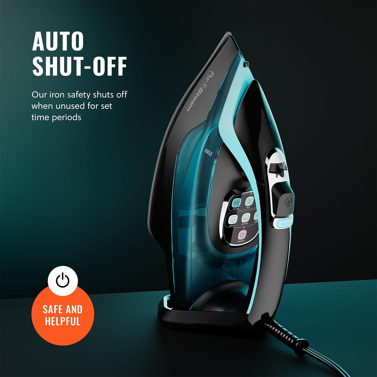 PurSteam SteamTech Elite - Plancha de vapor de 1750 W, control digital de temperatura y visualización LED, suela de cerámica, vapor ajustable, autolimpiable, anticalcio, antigoteo, apagado automático