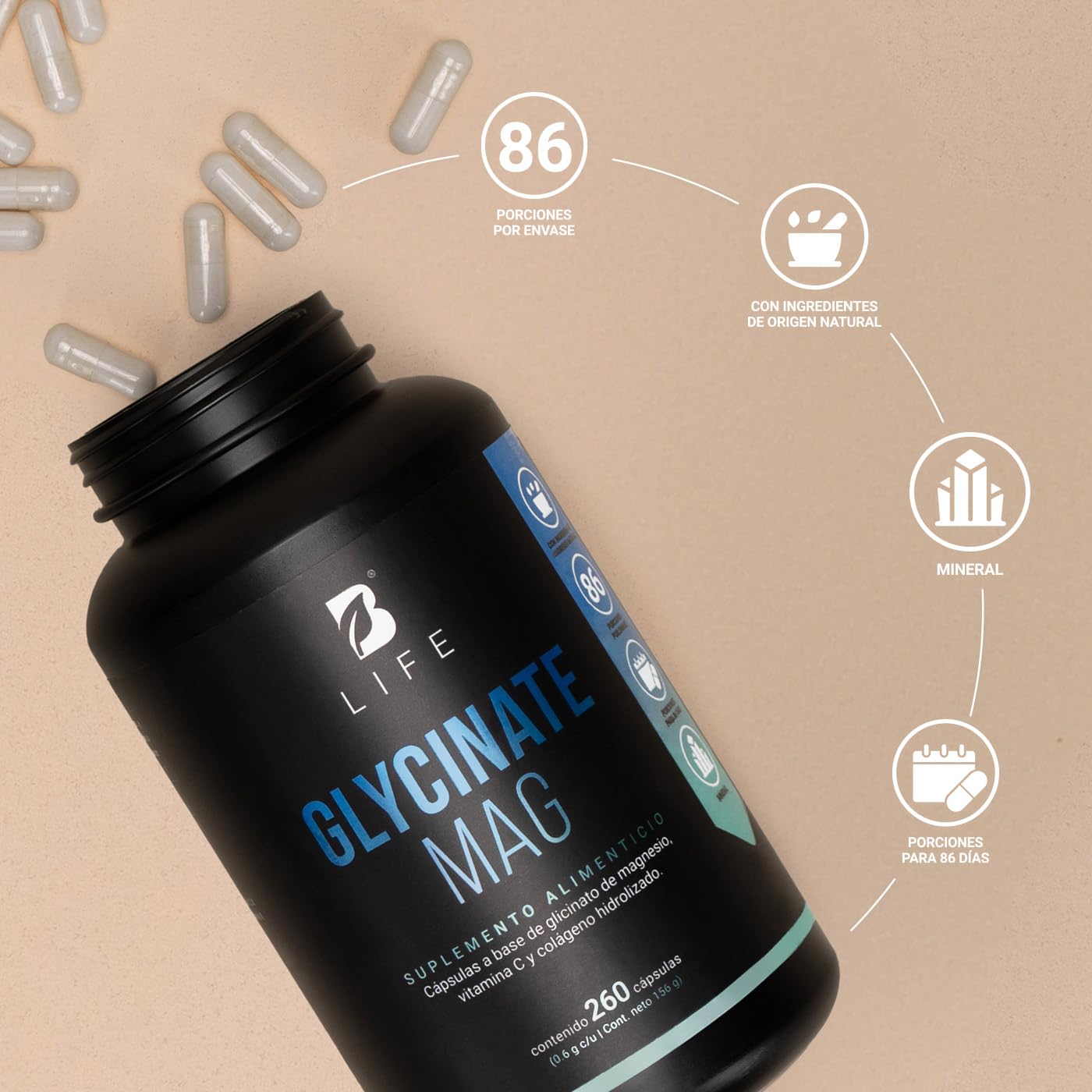 B Life Company Glicinato de Magnesio de 260 Cápsulas con 1800 mg por porción. Alta absorción. Ingredientes Naturales. Glycinate Mag.