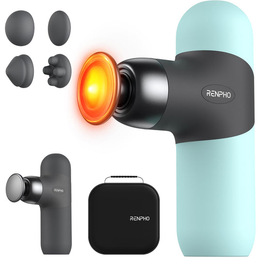 RENPHO Mini Pistola de Masaje con Calor, Pistola de Masaje Muscular de Percusión Portátil, Pequeño Masajeador de Mano de Viaje con Estuche de Transporte, Regalos para Hombres y Mujeres, Mini Thermal