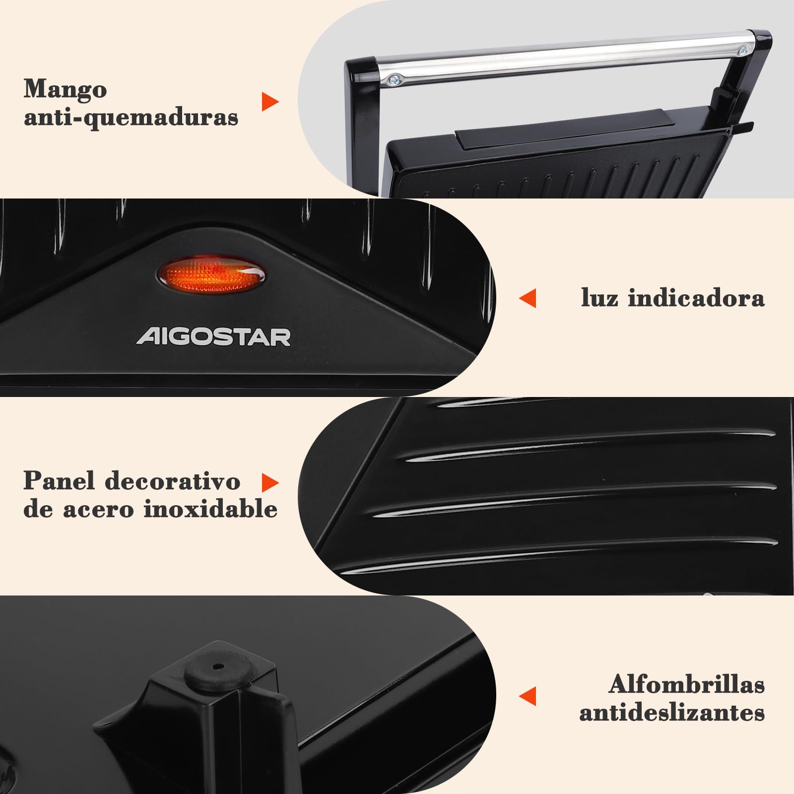 Aigostar Sandwichera Electrica, prensa de panini de doble cara, 750W, Recubrimiento Antiadherente, Con luz indicadora y fácil de limpiar.
