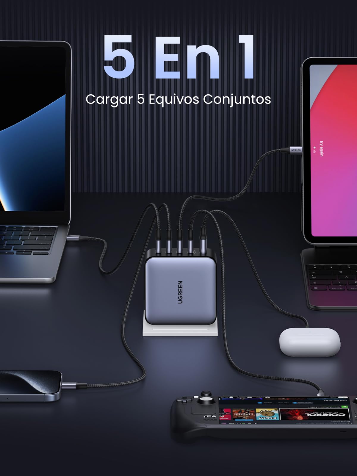UGREEN Nexode X5 100W Cargador 5 Puertos USB C y USB A, GAN Carga Raido Compatible con iPhone 16/15/14, MacBook Pro/Air, Galaxy S25/S24, iPad Pro/Air/Mini, Pixel 8, Steam Deck
