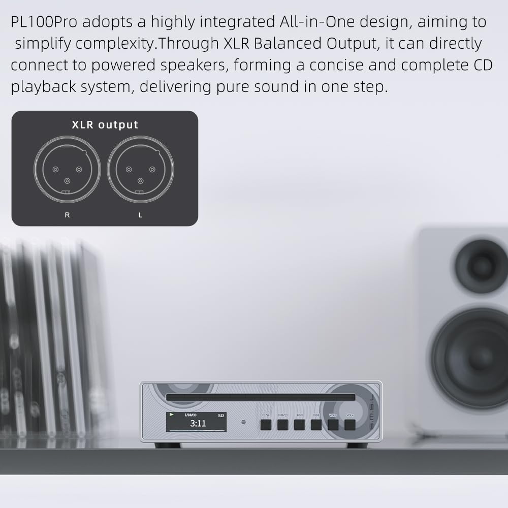 SMSL PL100PRO - Reproductor de CD 2 chips DAC CS43131 de gama alta RCA/óptico/coaxial/XLR equilibrado/salida de auriculares de 3,5 mm y 4,4 mm, 200 mW 32 Ω, reproducción MQA sin pérdidas, disco CD-R