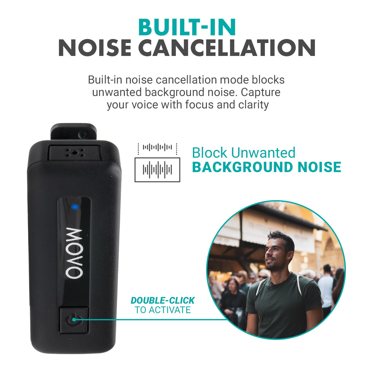 Micrófono Inalámbrico USB-C Movo Negro con Batería de 10 Horas y Alcance de 165 Pies Compatible con iPhone 15/16 Pro Max