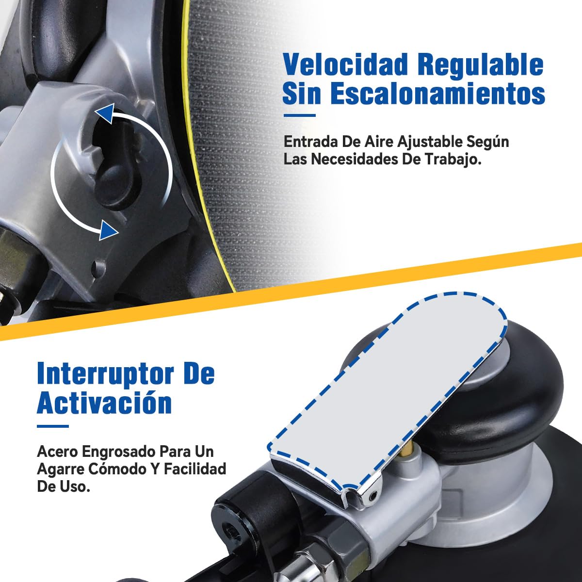 Lijadora Orbital Neumática 6'' Pulgadas, Lijadora Orbital Industrial Aleatoria Palma de Aire 12000 RPM con 6 Papeles de Lija Para Pulidor de Madera de Metal y Trabajo de Carrocería de Auto