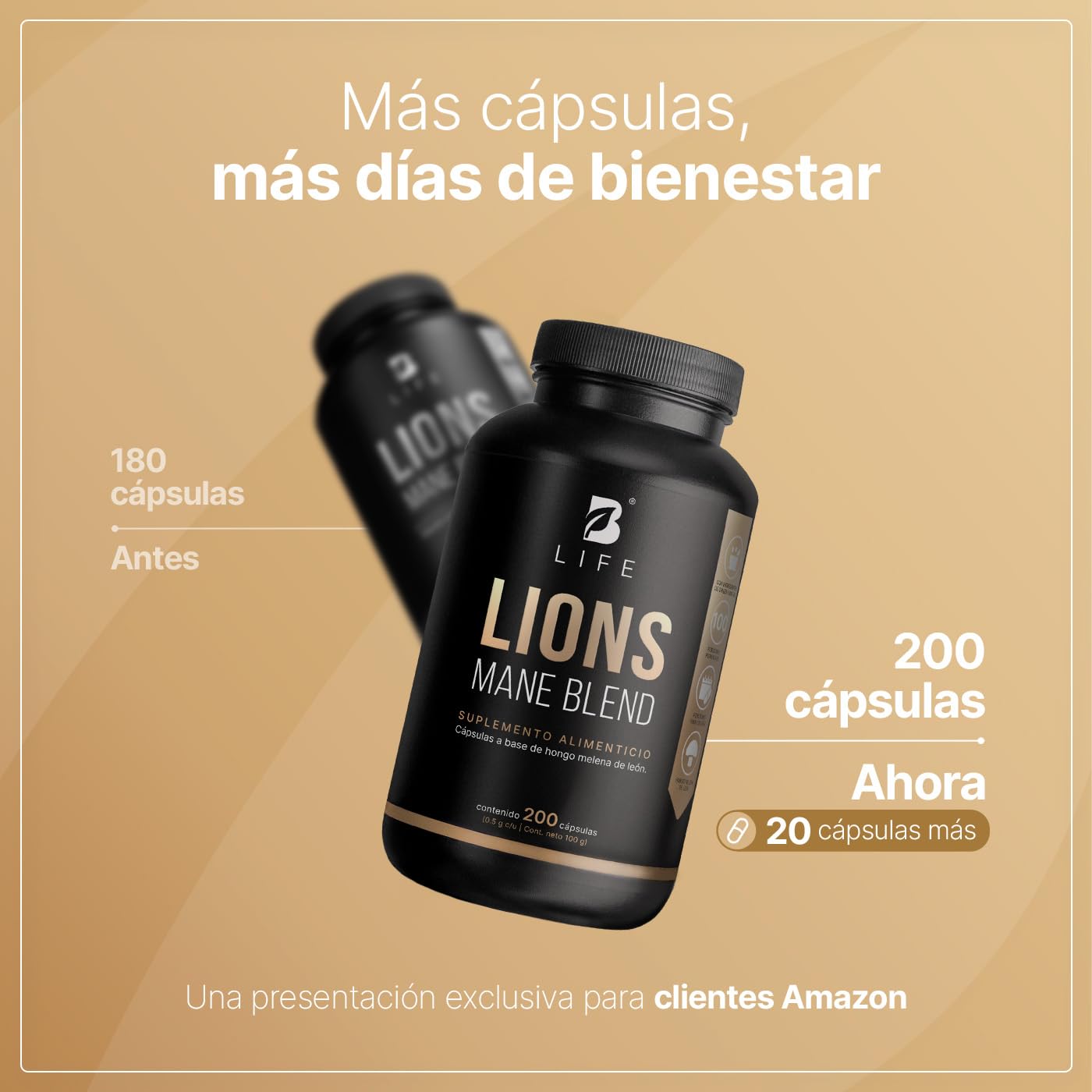 B Life Hongo Melena de León Puro | 200 Cápsulas | 1000 mg por porción | Ingredientes naturales | Lions Mane Blend.