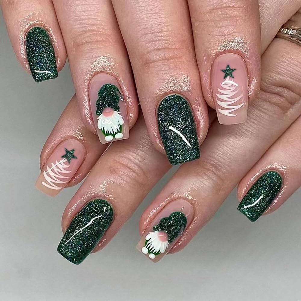 Uñas postizas navideñas de tamaño mediano, cuadradas, con purpurina verde, diseño de ataúd, con diseños de enanos de Papá Noel, cobertura total, uñas acrílicas postizas brillantes para mujeres y