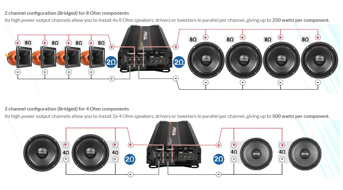 Amplificador de Audio para Coche PRV Audio MDX2000.4 4 Canales 1 Ohmio 2000 Vatios 12 Voltios para Deportes de Potencia y Motocicletas
