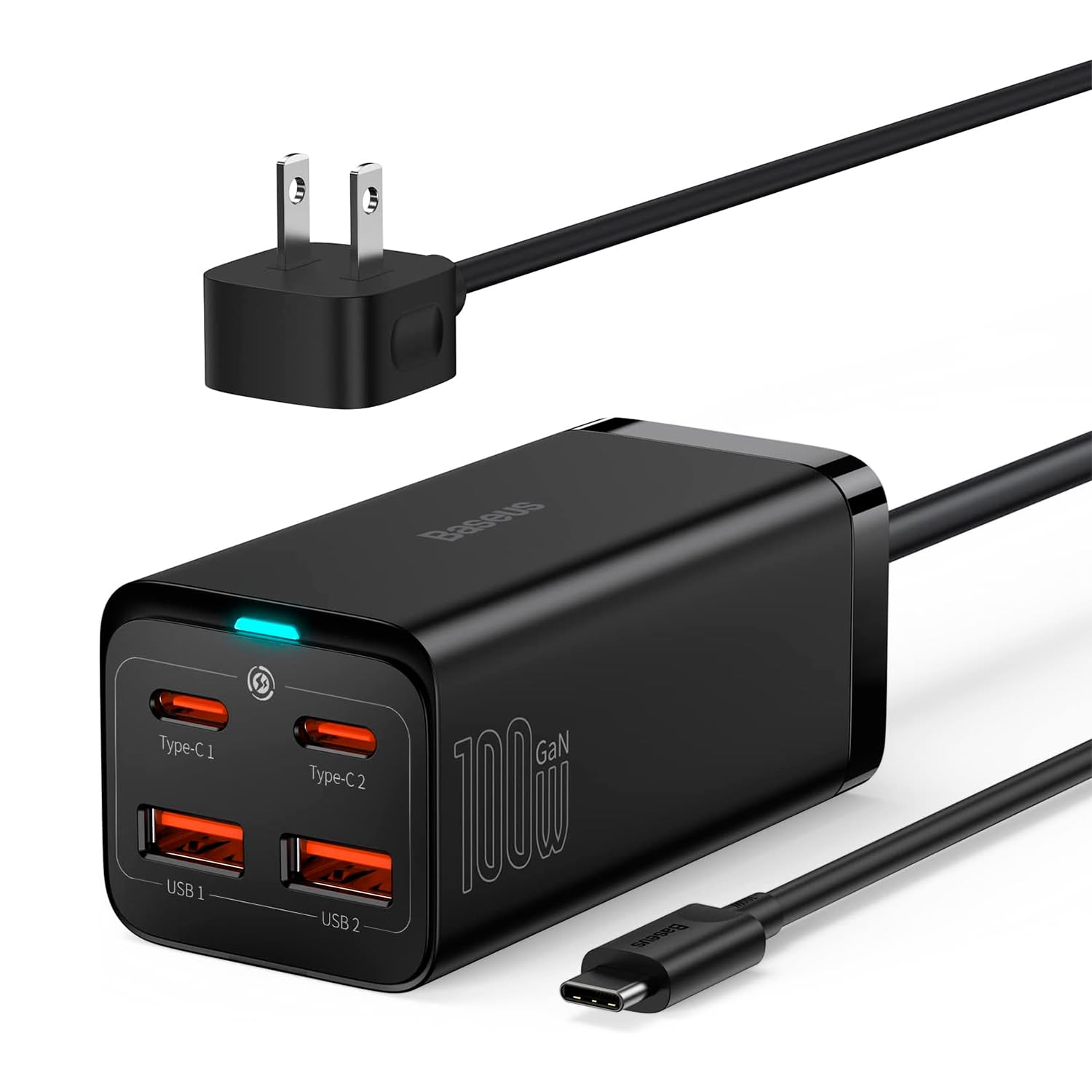 Baseus Cargador USB C,100W GaN3 Pro Cargador Multipuertos,de Escritorio con 2 entradas USB+2 Tipo C de Carga rápida 100W Compatible con MacBook Pro iPhone 15, Galaxy S24, iPad Pro, Notebook, Tablet