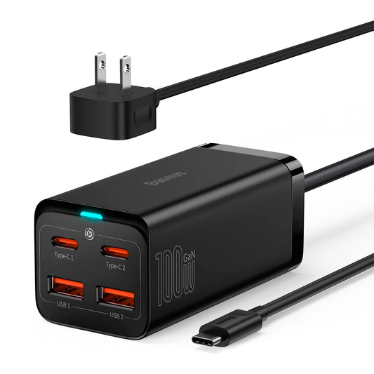 Baseus Cargador USB C,100W GaN3 Pro Cargador Multipuertos,de Escritorio con 2 entradas USB+2 Tipo C de Carga rápida 100W Compatible con MacBook Pro iPhone 15, Galaxy S24, iPad Pro, Notebook, Tablet