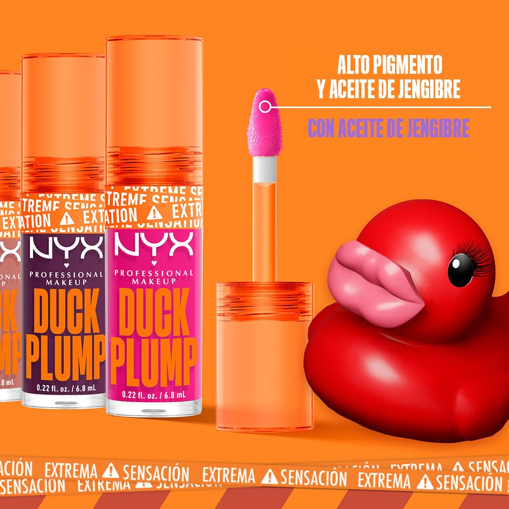 NYX Professional Makeup, Duck Plump, 7ml. Tono: Bubblegum Bae (rosa). Brillo labial voluminizador con efecto plumping para un volumen instantáneo. Gloss infusionado con jengibre picante para un volumen visible y de larga duración. Fórmula vegana.