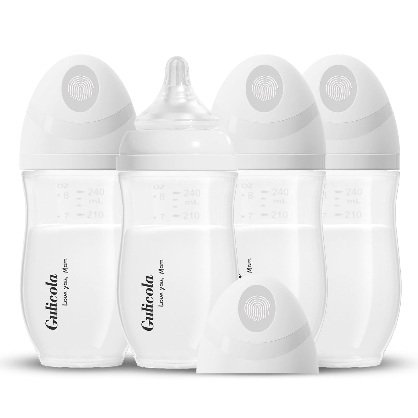 Gulicola PP (NO Vidrio) Biberones de Lactancia para Bebé, Tetinas de Flujo Medio (M), 3 Meses +, Cuello Ancho, Blanco, 8 oz - Paquete de 4