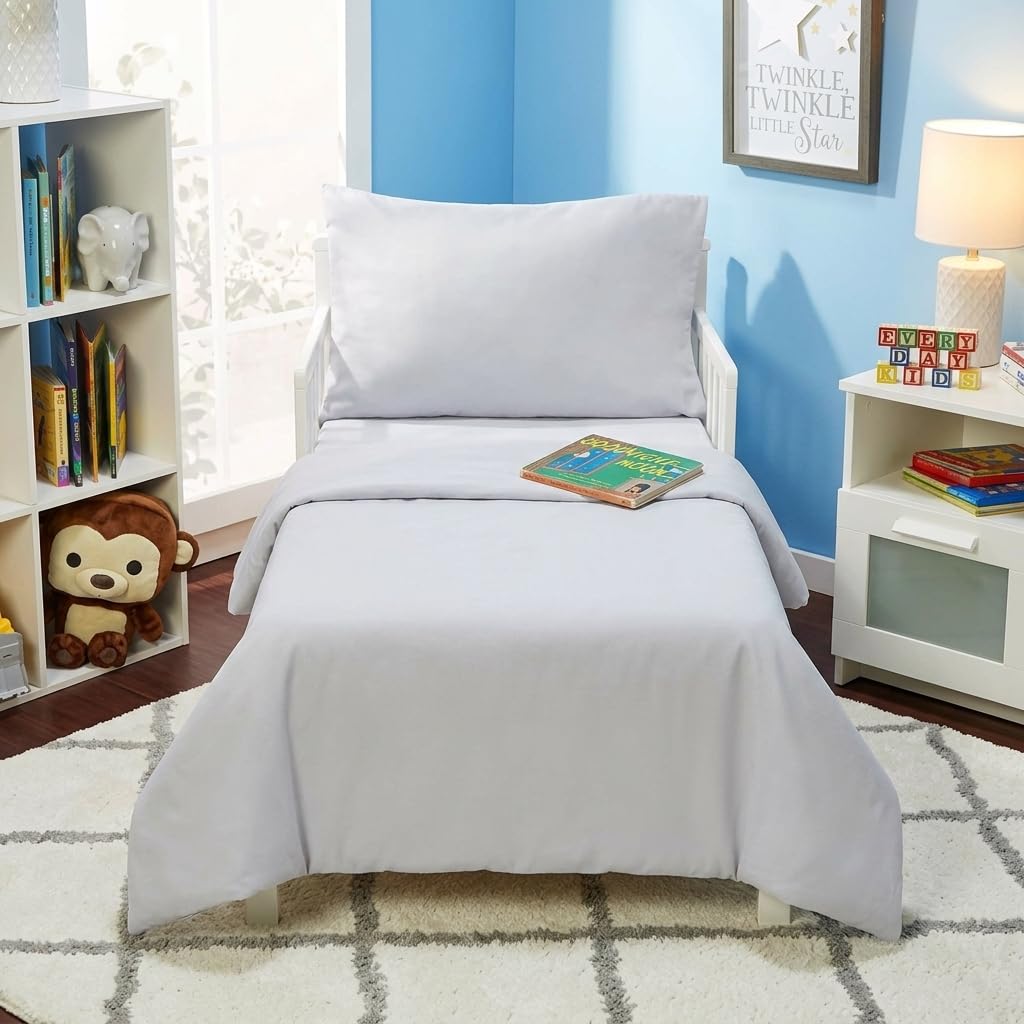 EVERYDAY KIDS - Juego de ropa de cama de 4 piezas para niños pequeños, incluye edredón, sábana encimera, sábana bajera y funda de almohada, color gris liso