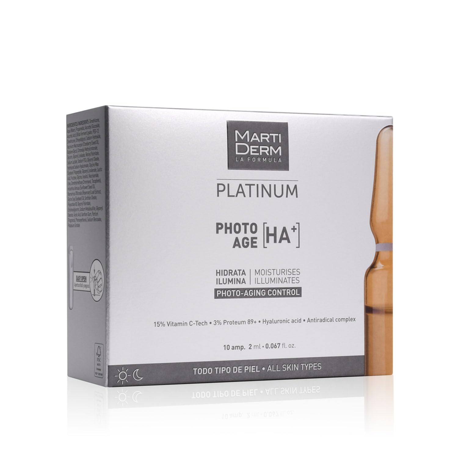 MartiDerm Platinum Photo Age HA+ Ampolletas Faciales Super Hidratantes. Solución facial con Vitamina C Tech + Ácido Hialurónico - Reduce arrugas y reafirma - 10 ampolletas